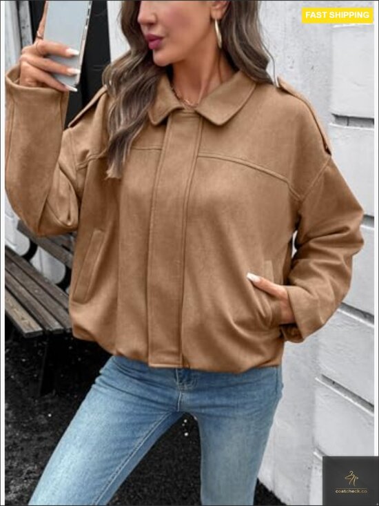 Faux Suede Bomber Jacket Cropped Zip Up Long Sleeve Trendy Y2K Outerwear with - Picture 4 of 7